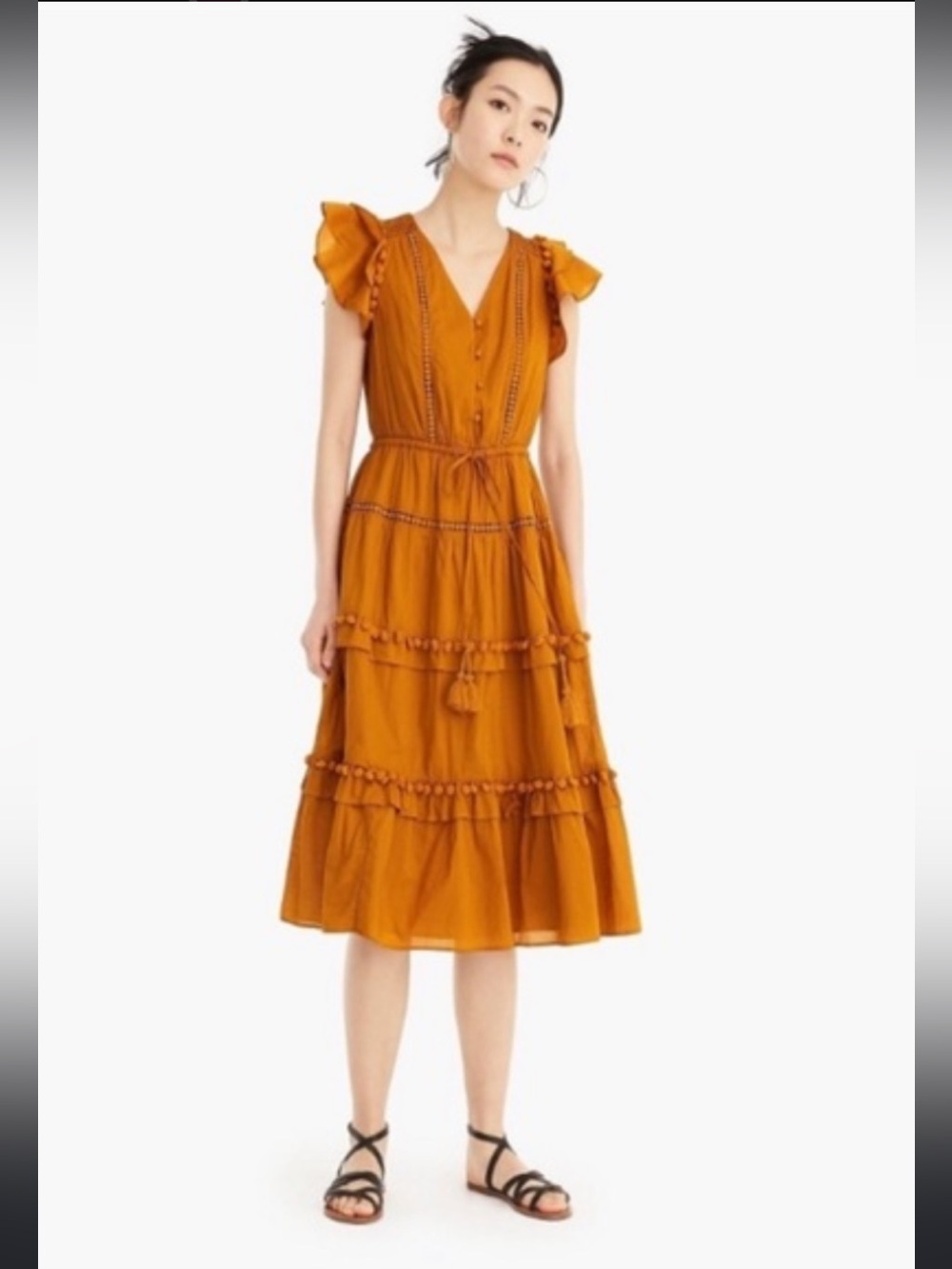 EUC Point Sur J Crew Maxi Dress, Flutter Sleeves and Pom Poms, Size 12, Caramel